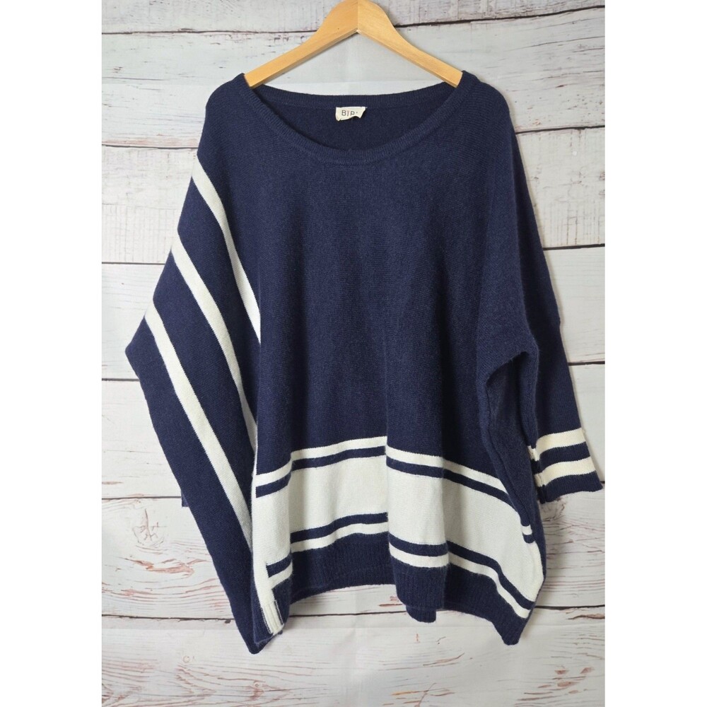 Bibi Womens Sweater Size Medium Blue White Striped Over sized Dolman Sleeve Cozy